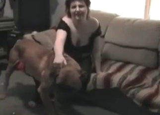 Fat old slut sucks her trained doggy