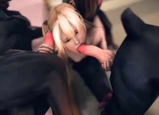 Three dobermans and slender blonde doll