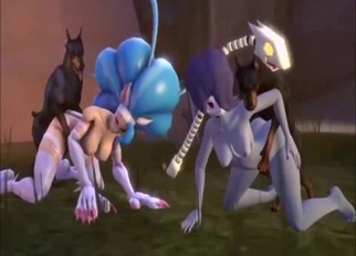 Black dobermans fucking two slender chicks