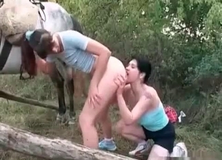 Two cute ladies and their horny stallion